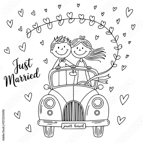 Just Married: A whimsical illustration of a newlywed couple riding off in a charming vintage car, surrounded by hearts, symbolizing the joyous beginning of their married life.