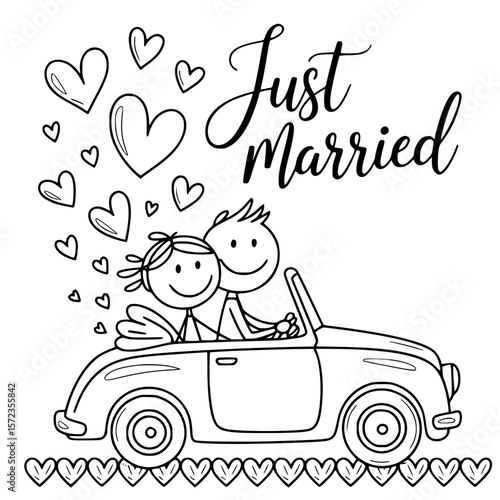 Just Married illustration: An endearing illustration of a newlywed couple, joyfully cruising in a classic car, surrounded by hearts, celebrating the beginning of their journey.