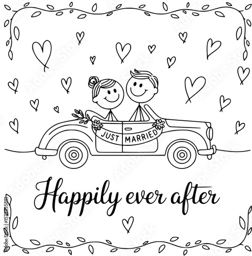 Wedding Car: A charming illustration captures a newlywed couple driving off in a vintage car, adorned with Just Married banner, surrounded by a flourish of hearts.