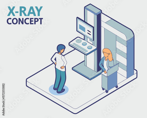 Isometric illustration depicting x-ray concept featuring medical professionals and equipment in a clinic
