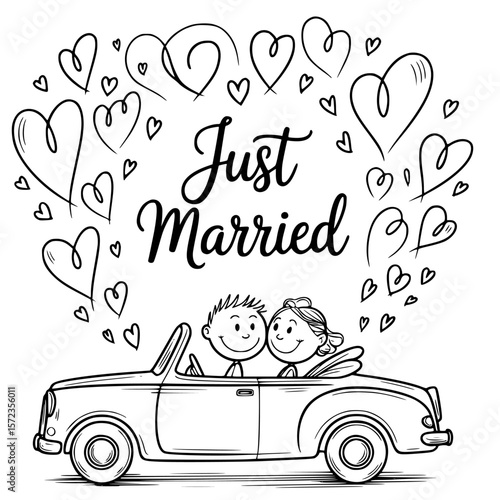 Just Married Illustration: A romantic black and white illustration captures the joy of newlywed couple embarking on their journey in a vintage convertible, surrounded by a shower of hearts.
