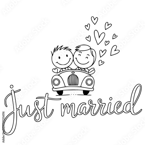 Joyful Journey: A charming illustration of two just-married individuals happily driving away in a vintage car, with hearts floating above symbolizing love and new beginnings.