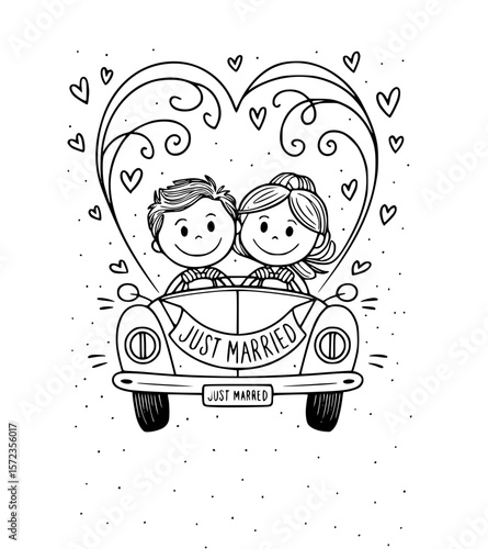 Newlywed Adventure: A charming cartoon depicts a just-married couple driving away in a classic car, symbolizing the beginning of their journey together, filled with love and happiness. 