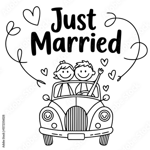 Just Married Illustration: A whimsical illustration captures the essence of newlywed bliss, featuring a happy couple in a vintage car, surrounded by hearts and joyful flourishes.