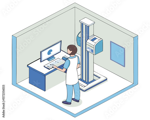 Isometric illustration of a medical professional operating an x-ray machine in a clinic