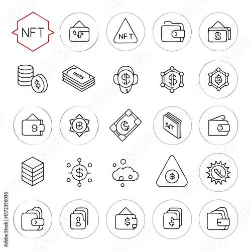 Illustration of various cryptocurrency and blockchain related icons including nfts and digital wallets