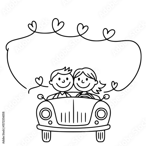 Wedding Car Joy Ride: A joyful pair embark on their marital journey in a classic car, their happiness symbolized by a cascade of intertwined hearts, embodying love and togetherness