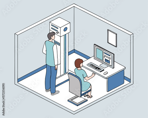 Isometric illustration of an office interior with a person standing and a person working