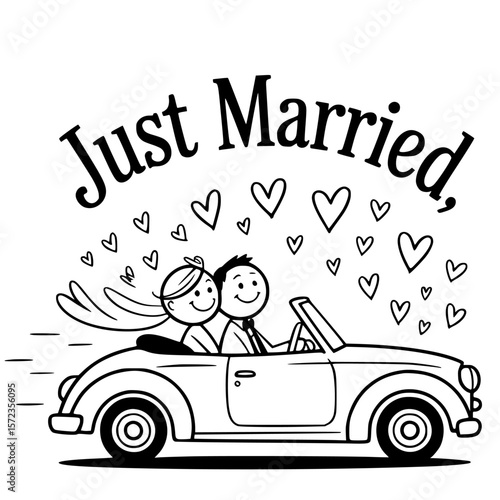 Just Married: A charming illustration of a newlywed couple, filled with hearts, embarking on their happily ever after in a classic car. 