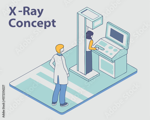 Isometric illustration of medical professionals operating an x-ray machine with clean lines