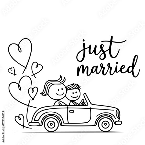Just Married Couple's Joyride: a delightful line drawing captures the essence of matrimonial bliss, a couple embarks on their first journey together. Joy, love and new beginning in marriage life.
