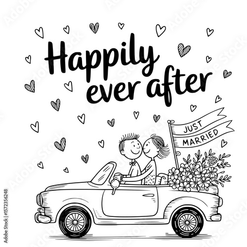 Happily Ever After Wedding Sketch: A delightful sketch portrays a just-married couple in a classic car, driving off into the sunset of their future, a heartwarming image of love and new beginnings.