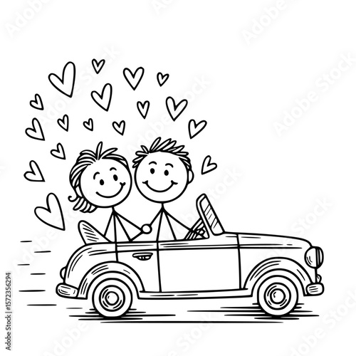 Love on the Road: A joyful stick-figure couple embarks on a romantic journey in a charming vintage convertible, surrounded by a cascade of hearts. It's a whimsical illustration of love and adventure.