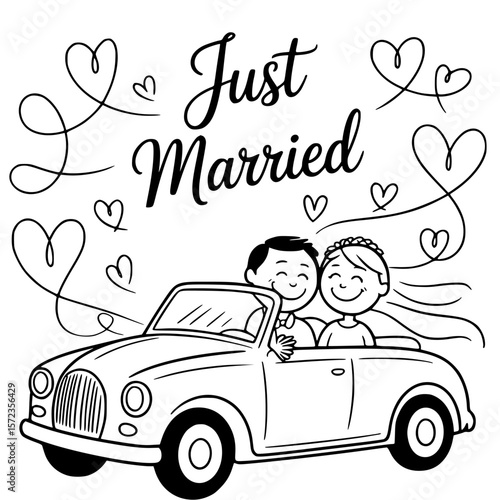 Just Married Couple in Car Illustration: A joyful newlywed couple in a classic car, joyfully waving, adorned with hearts, perfectly captures the essence of love and happiness.