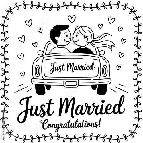 Newlyweds' Journey: A charming black and white illustration of a couple embarking on their journey, the phrase Just Married adorns the car, set amidst a playful design of hearts.