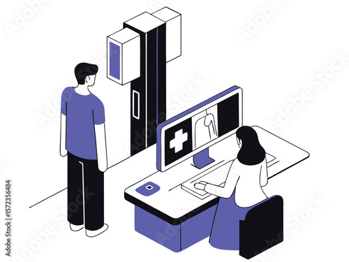 Isometric view of medical professionals and patient during x-ray examination procedure
