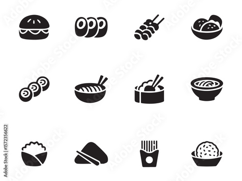 A set of simple, black and white icons representing various types of Asian and Western food vector art on white