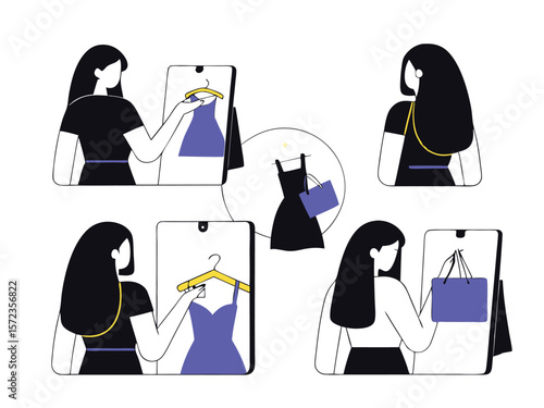 Modern online fashion shopping illustration featuring women choosing dresses and shopping bags with transparency