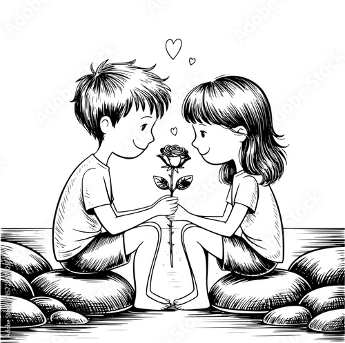 Love's Tender Bloom: A romantic illustration depicts a boy offering a rose to a girl, their eyes meeting in a moment of shared affection and blossoming love.