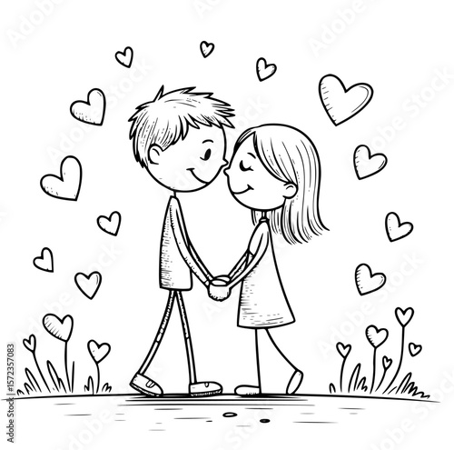 Love's Embrace: Two stick figure lovers, hands clasped and hearts aglow, share a tender moment of love amid a shower of hand-drawn hearts, celebrating the magic of togetherness.