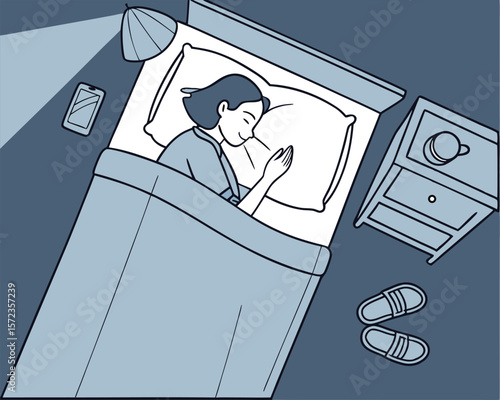 Peaceful sleep a woman resting comfortably in bed beside a nightstand illustration