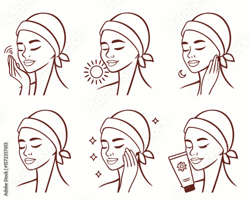 Skincare routine illustrated set featuring a relaxed woman depicting beauty and wellness