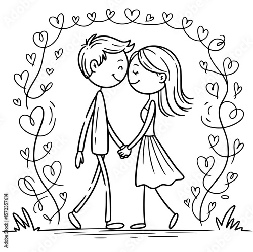 Love's Embrace: A touching illustration of a loving couple, hand in hand, enveloped in a whimsical heart-shaped frame, symbolizing the bond and affection