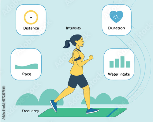 Vector illustration of a woman running with icons representing key running parameters and fitness metrics for health