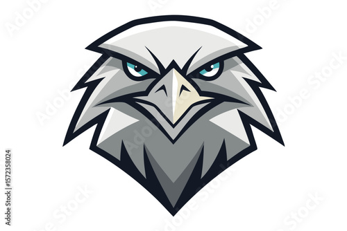 Detailed eagle head featuring sharp features and piercing blue eyes intensely stares forward