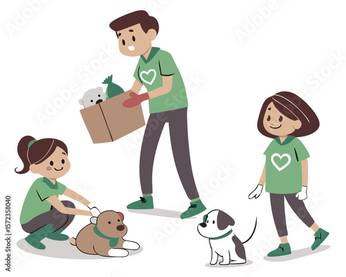 Volunteers giving donations and care to animals charity and pet shelter illustration
