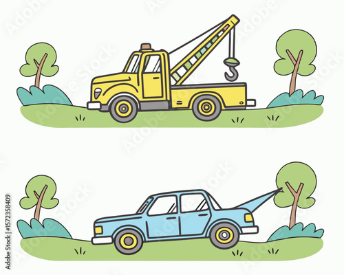 Cartoon tow truck and car illustration on a green meadow with trees and bushes