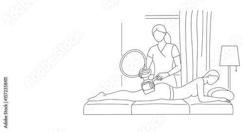 Massage therapist using device on woman lying on treatment table  