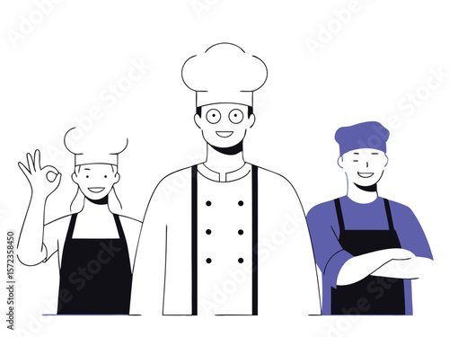 Cheerful culinary team group portrait depicting kitchen staff members on transparent white background
