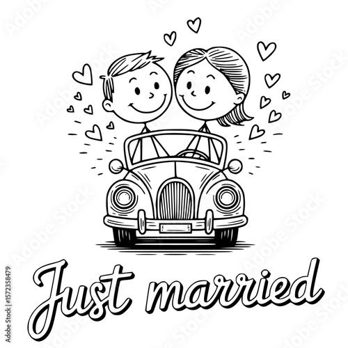 Joyride: A newlywed couple embarking on their journey. The image captures the essence of love, excitement, and the start of a shared adventure. 