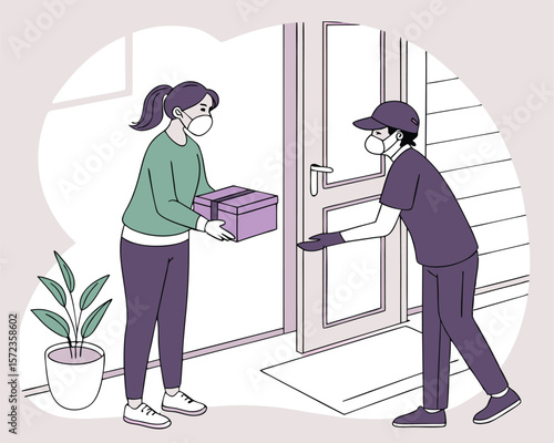 Contactless delivery service during pandemic with courier and customer at the doorstep