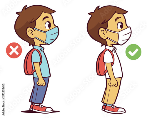 Correct and incorrect mask usage demonstrated by a schoolboy for safety awareness