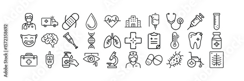 Medical Healthcare Line Icon Set – Vector Illustration, Line Art, Icon Bundle for Hospital & Clinic Services