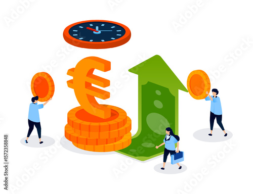Illustration showing the right time to invest in euro currency, highlighting finance growth, foreign exchange, savings, and economic opportunity in Europe. Can be used for banner, mobile app, website