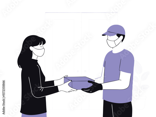 Delivery person wearing face mask giving package to customer on white background