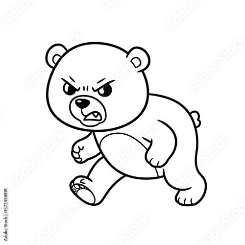 Cartoon white cat with grumpy expression lying on white background  