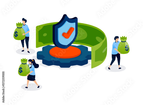 financial mechanism secured with a check marked shield icon represents protected investments, trusted systems, and guaranteed transaction safety. Can be used for banner, mobile app, website, ads