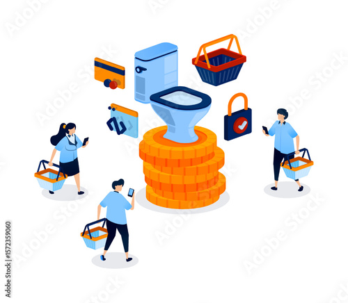 stack of money going into a toilet represents overspending and poor money management, caused by careless shopping with credit cards and impulse buying. Can be used for banner, mobile app, website, ads