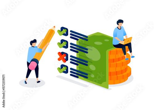 checkmark and a stack of money illustrate financial decisions and the process of analyzing good versus bad spending and investment strategies. Can be used for banner, mobile app, website, card