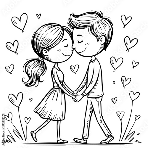 A romantic embrace under pastel skies—young couple standing on a scenic field, hands gently intertwined in a blissful, tender moment of love and connection
