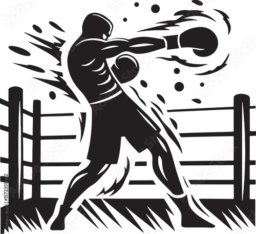Silhouette of two boxers exchanging punches in the ring. Shows intensity and motion through stylized lines and background.