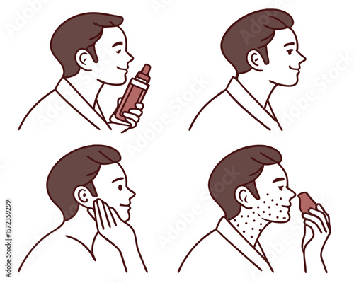 Illustrated sequence depicting a man's skincare routine with facial cleanser and sponge