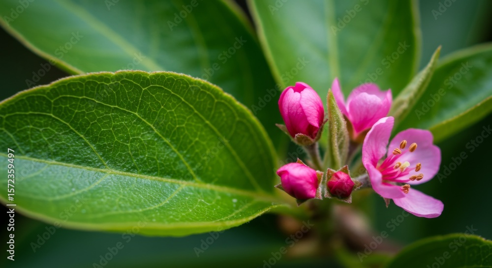 Pink Flower Buds and Green Leaves Closeup Pink Flower Buds and Green Leaves Closeup