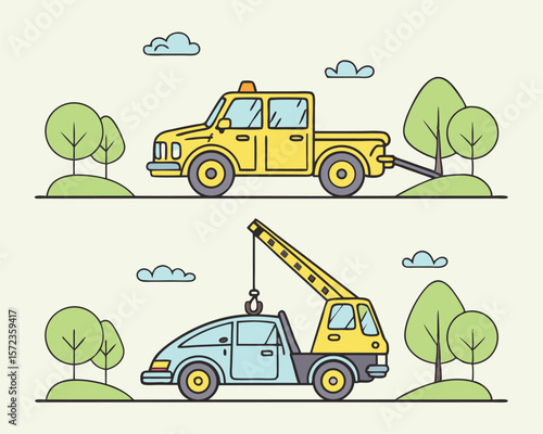 Illustrated vector artwork depicting tow truck and crane truck in a stylized linear design.