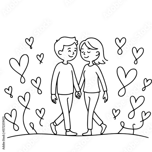 Romantic Stroll Illustration: A sweet couple strolls hand-in-hand amidst a flurry of charming hand-drawn hearts, capturing the essence of love and togetherness.