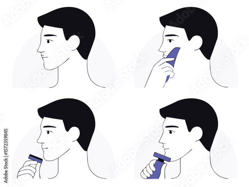 Man shaving face illustrated step by step procedure with transparent background